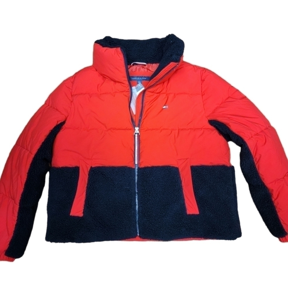 Women's Colorblocked Mixed-Media Puffer Jacket sizes large red and black